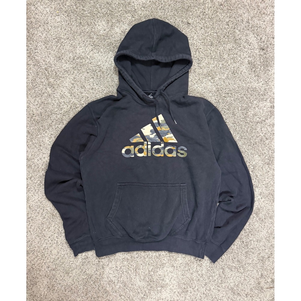 Adidas Mens Small Black Camo Logo Pullover Hoodie Sweatshirt Badge of Sport